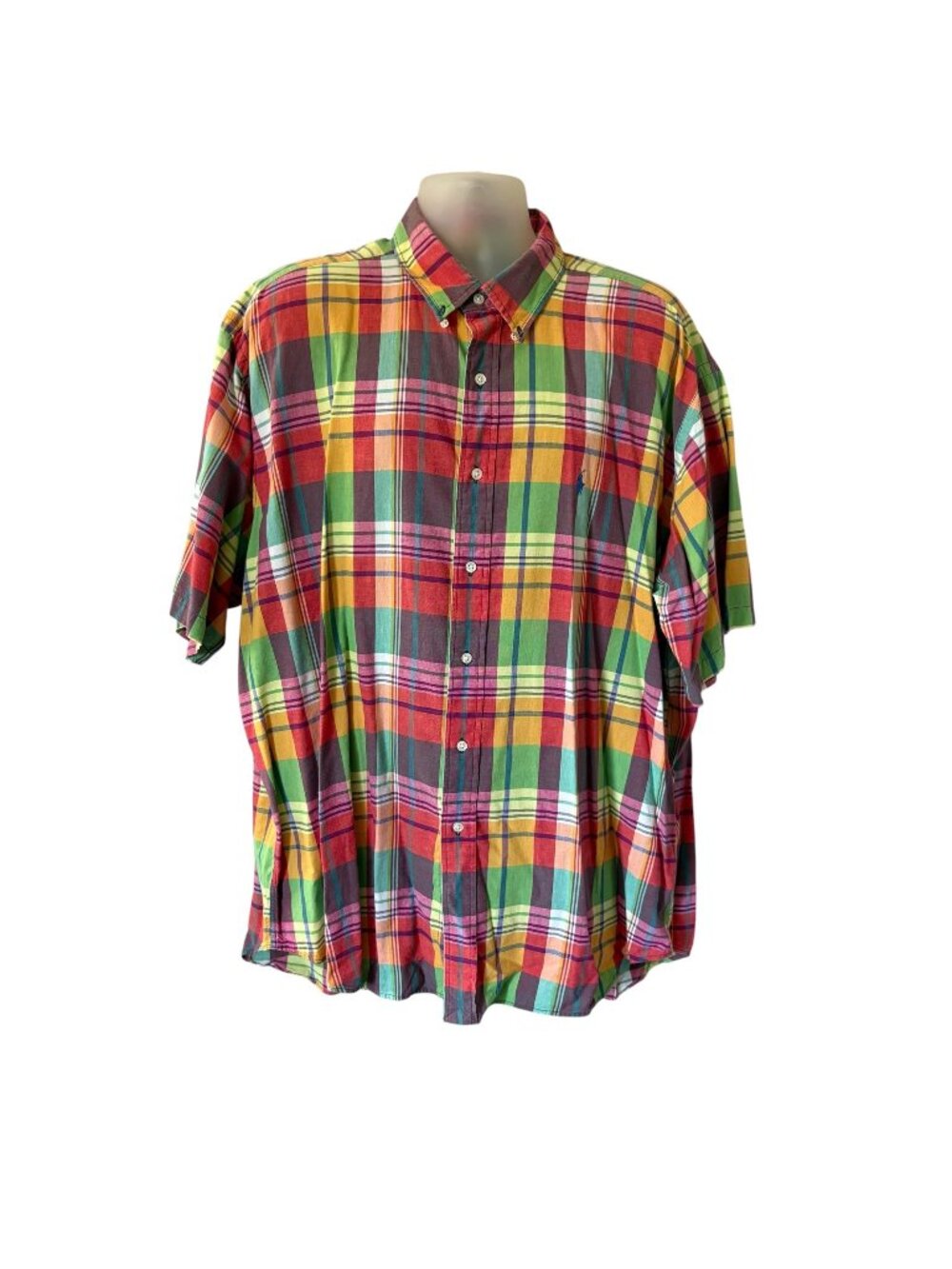 Ralph Lauren Mens Blake Short Sleeve Shirt Cotton Plaid Rainbow XXL Vintage
